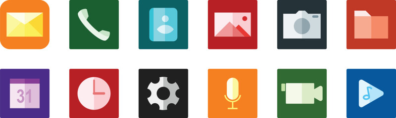 Phone icon set. Contact icons. Vector Illustration. Messages, contacts, calls, gallery, camera, calendar, settings, clock, music and video player.