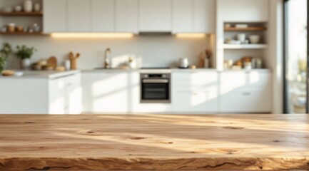 Fototapeta premium A clean wooden kitchen table with a sharp focus in the foreground, with a modern minimalist kitchen faintly visible in the background.