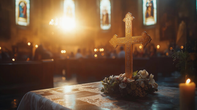 A wooden cross with a floral arrangement on a table, illuminated by soft light streaming through stained glass windows, symbolizing the Ascension of Jesus Christ. AI Generated Images - Powered by Adobe