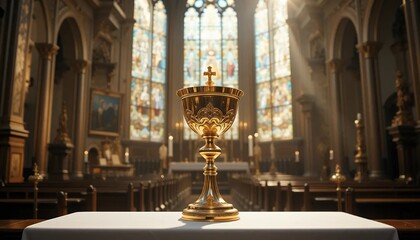 Fototapeta premium Golden Chalice in Grand Church Interior with Stained Glass