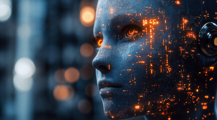 AI Artificial intelligence cyber. Futuristic AI abstract design, intricate circuitry pattern. AI Robot face, virtual human, virtual character, digital clone, machine learning. Realistic photo