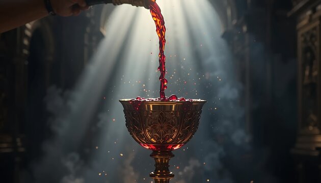 Pouring Red Liquid into a Golden Chalice with Light Rays - Powered by Adobe
