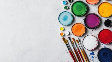 Colorful art supplies arranged in an artistic flatlay vibrant textures creative energy soft natural lighting top-down view