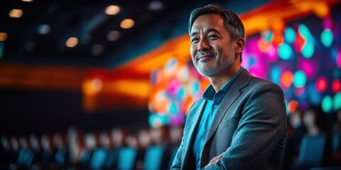 Fototapeta premium male marketing executive sharing insights at a conference, wearing a modern blazer