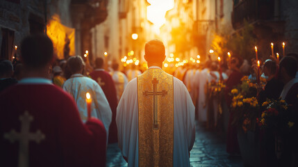 A procession of people holding candles, walking down a street during the Ascension of Jesus Christ, with a golden sunset in the background, evoking a spiritual and holy ambiance. AI Generated Images