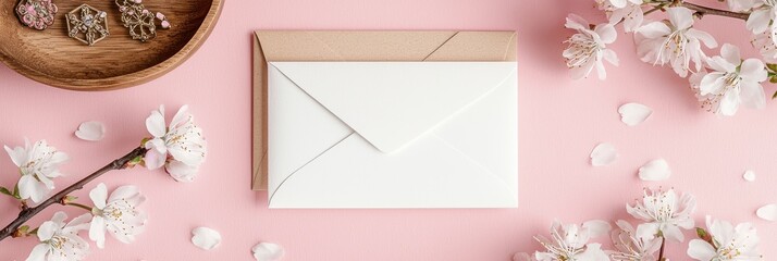 Blank White Envelope with Spring Blossom and Jewelry on Pink Background - Flat Lay