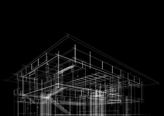 Architectural sketch of modern building 3d rendering