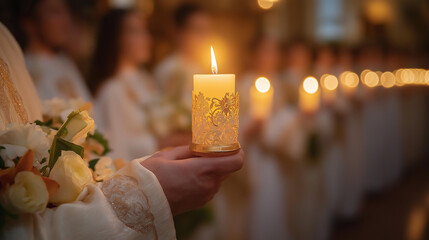 A person holding a candle during the Ascension procession, with golden light and flowers surrounding them. AI Generated Images
