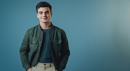 Fototapeta premium Um jovem vestindo uma jaqueta verde-escura e calça chino bege sorri suavemente 