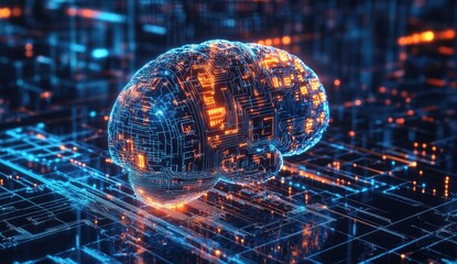 Digital brain on circuit board, representing AI & neural networks