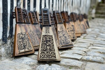 Hand-carved wooden musical instruments displayed outdoors.