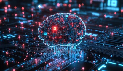 AI brain digital circuit, glowing nodes, intricate network