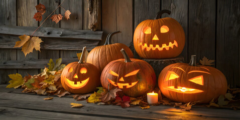 Glowing Jack-o'-Lanterns with Autumn Leaves on Rustic Wood