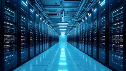 Obraz premium Modern Cloud Data Center Design: State-of-the-Art Infrastructure, Optimized Energy Management, and Comprehensive Security for Enterprise Digital Operations - Photo Stock Concept