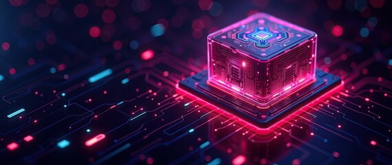 Futuristic Technology Concept Featuring a Neon Lit Circuit Board and Processor. Symbolizing futuristic technology innovation, AI development, and computing advances, projects about modern tech