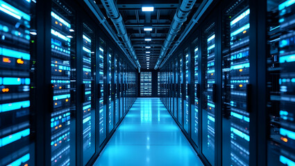Obraz premium Modern Cloud Data Center Design: Optimized Energy Management & Security Systems for Enterprise Digital Operations - Empty Space for Text