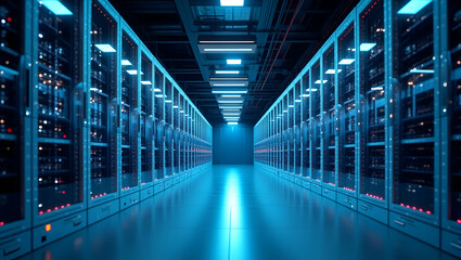 Modern Cloud Data Center Design: State-of-the-Art Infrastructure, Optimized Energy Management, and Comprehensive Security for Enterprise Digital Operations - Photo Stock Concept