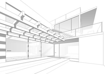 Architectural sketch of modern building 3d rendering