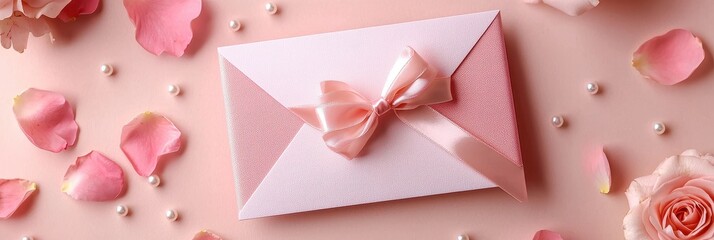 Elegant Pink Envelope with Rose Petals and Pearls for Valentine's Day or Wedding Invitation