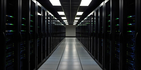 A well organized data center with dense server racks and bright lighting to improve overall efficiency
