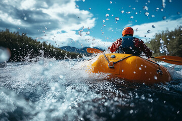 a man and a woman are in a raft in the water with a blue sky in the background and a sun shining through the clouds