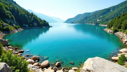 Irregular shaped lake with rocky shoreline and clear water, environment, photo