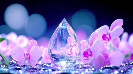 Fototapeta premium Teardrop Bottle Among Orchids, a crystal-clear teardrop bottle rests elegantly among vibrant orchids, glistening droplets of dew enhancing the serene beauty of the scene