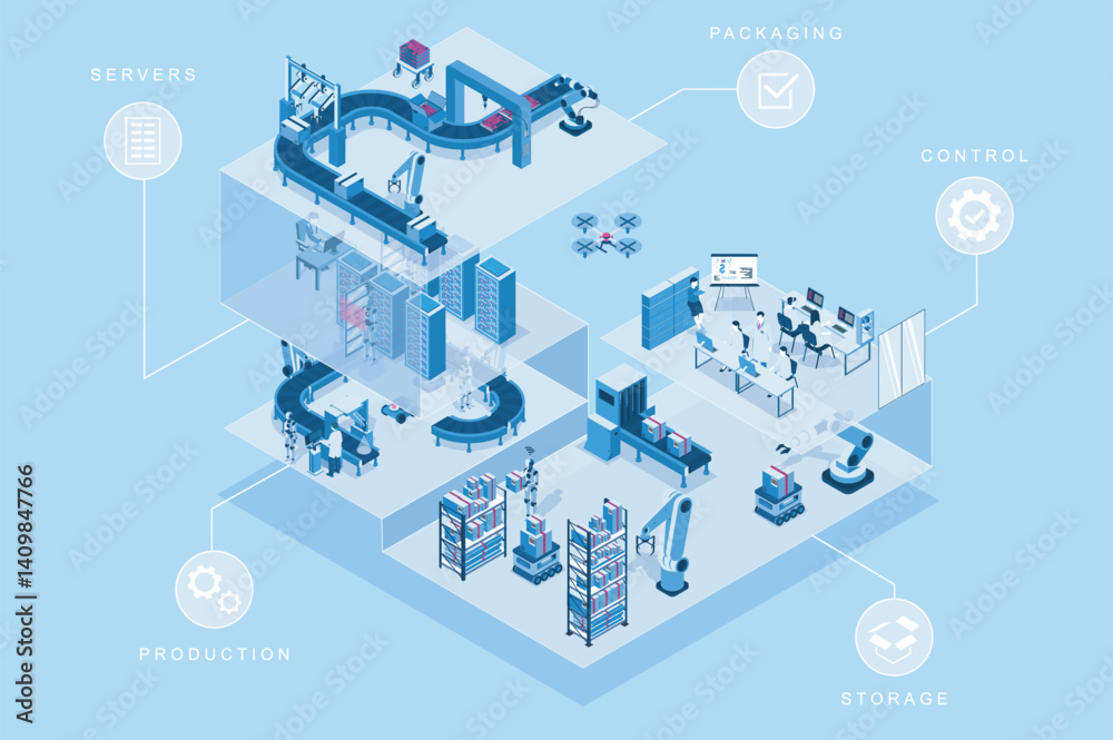 Fototapete Automated factory 3d isometric concept for web design. People in isometry rooms working at packaging and production lines, engineers in control or servers, robots at storage. Vector illustration.