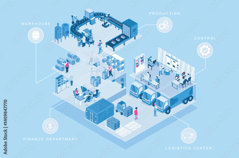 Poster beer factory 3d isometric concept for web design. people in isometry rooms working production lines,