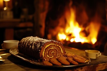 Cozy Dessert Scene with Yule Log Cake by a Warm Fireplace