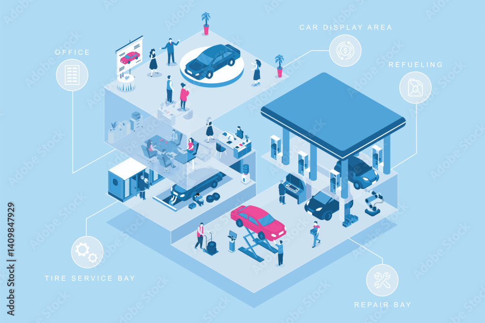 Poster car service 3d isometric concept for web design. people in isometry rooms working in office, mechani