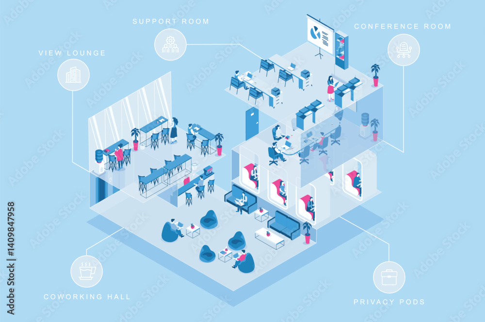 Aufkleber coworking office 3d isometric concept for web design. people in isometry rooms working in office, cl