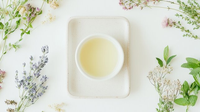 Herbal Elixir Display, a minimalist herbal elixir showcased on a ceramic tray, surrounded by wild herbs and dried botanicals, complemented by soft linen textures.