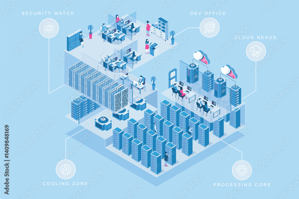 Poster Data center 3d isometric concept for web design. People in isometry rooms working in development office, cloud nexus, computing at processing core, cooling zone, security watch. Vector illustration.