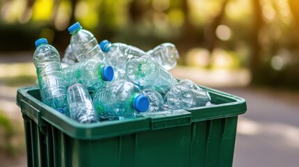 Close-up of a green recycling bin filled with plastic bottles outdoors, emphasizing sustainable waste management in a residential environment.