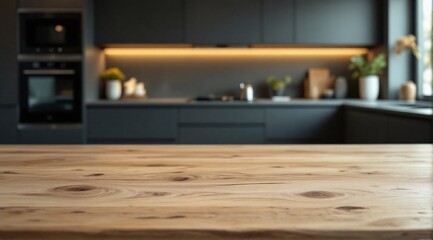 A clean wooden kitchen table with a sharp focus in the foreground, with a modern minimalist kitchen faintly visible in the background.