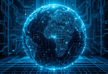 Fototapeta premium Digital world globe with glowing blue lines and circuitry on a dark background design element