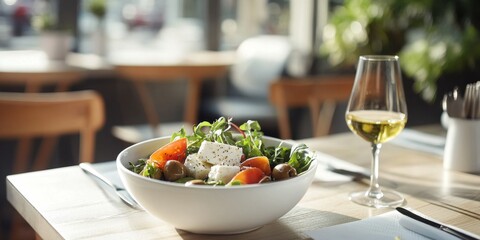 Fresh and vibrant salad in a bright restaurant setting. The bowl features a mix of greens, colorful vegetables, and feta cheese. A glass of white wine sits nearby. Enjoy healthy dining. AI