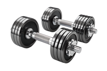A pair of modern dumbbells isolated on a transparent background. Perfect for fitness-themed designs, gym promotions, or health-related content.