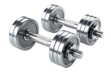 A pair of modern dumbbells isolated on a transparent background. Perfect for fitness-themed designs, gym promotions, or health-related content.