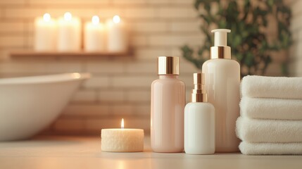 Luxurious skincare display featuring elegant bottles and jars cozy bathroom ambiance candlelight glow close-up shot