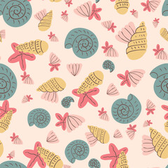 Pastel Summer Seashells Starfish Hand Drawn Artistic Vector Seamless Pattern 