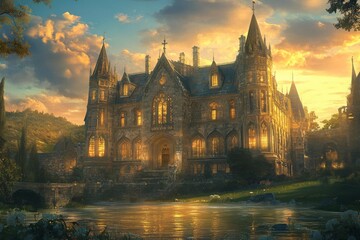 An illustration of a castle or palace in heaven.