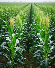 Obraz premium Close-up view between rows of tall corn stalks in a thriving farm field, emphasizing natural growth, harvest season, and sustainable agricultural landscapes