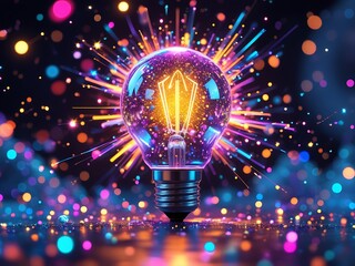 Glowing light bulb, explosive colorful particles, vibrant bokeh, abstract geometric shapes, futuristic technology, creative energy, digital art, surreal illumination, dynamic composition, bright neon 