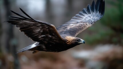 Obraz premium Majestic golden eagle soaring through a forested landscape, capturing the essence of wildlife