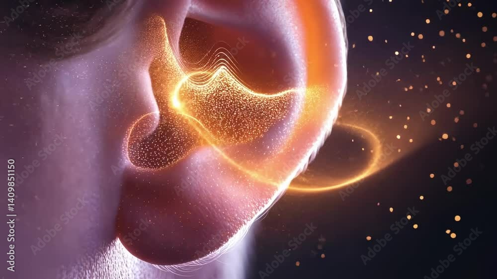 Poster Sound waves entering human ear canal, visualizing complex hearing process through detailed medical animation with microscopic rendering of auditory system dynamics and sensory perception