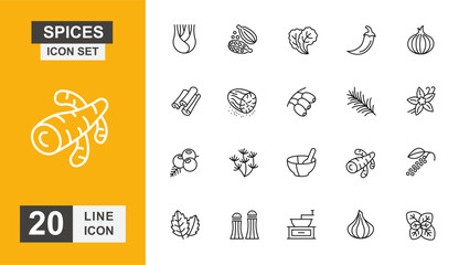 Spices icon set. Herb, vegetable, salad, tomato, garlic and more line icon.