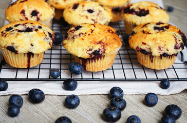 Close-up of vanilla muffins with blueberries on metal mesh tray and cotton towel near blueberries on grey background