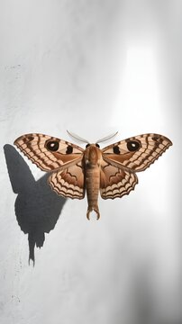 In a close-up photograph, a breathtaking Owlet Moth Spirama helicina or Spirama retota hovers gracefully against a stark, desaturated white background. Its intricate wings, adorned with delicate patte